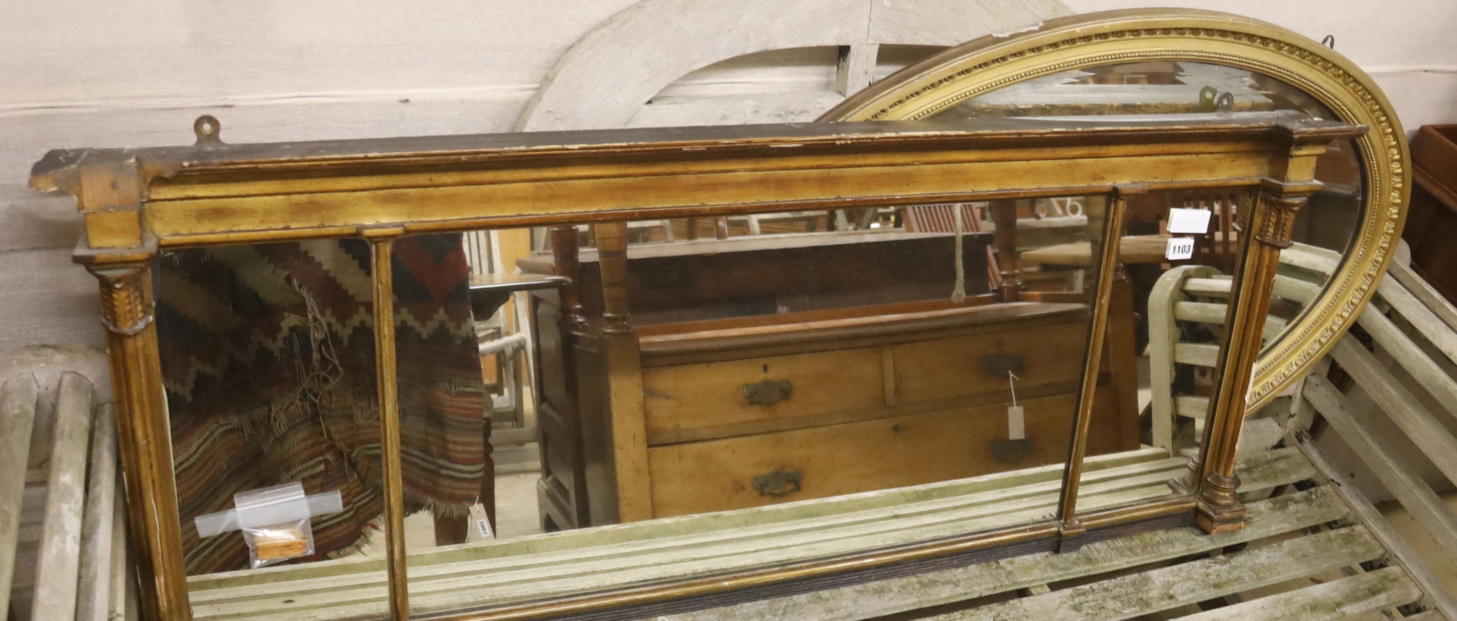 A Regency giltwood and gesso triple plate overmantel mirror, width 129cm, height 51cm, together with a later oval wall mirror